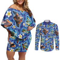 Hawaiian Island Shapes-Iconic Landscape Couples Matching Off Shoulder Short Dress and Long Sleeve Button Shirt with Plumeria and Palaka Blue Color LT03 Blue - Polynesian Pride