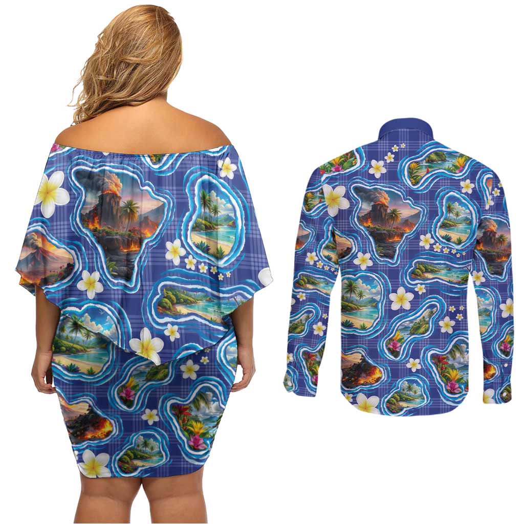 Hawaiian Island Shapes-Iconic Landscape Couples Matching Off Shoulder Short Dress and Long Sleeve Button Shirt with Plumeria and Palaka Blue Color LT03 - Polynesian Pride