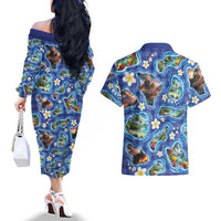 Hawaiian Island Shapes-Iconic Landscape Couples Matching Off The Shoulder Long Sleeve Dress and Hawaiian Shirt with Plumeria and Palaka Blue Color LT03 - Polynesian Pride