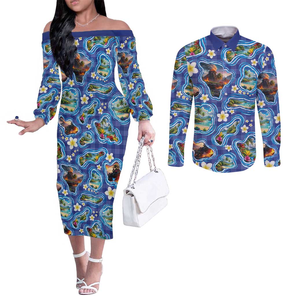 Hawaiian Island Shapes-Iconic Landscape Couples Matching Off The Shoulder Long Sleeve Dress and Long Sleeve Button Shirt with Plumeria and Palaka Blue Color LT03 Blue - Polynesian Pride