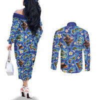 Hawaiian Island Shapes-Iconic Landscape Couples Matching Off The Shoulder Long Sleeve Dress and Long Sleeve Button Shirt with Plumeria and Palaka Blue Color LT03 - Polynesian Pride