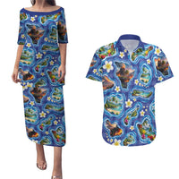 Hawaiian Island Shapes-Iconic Landscape Couples Matching Puletasi and Hawaiian Shirt with Plumeria and Palaka Blue Color LT03 Blue - Polynesian Pride
