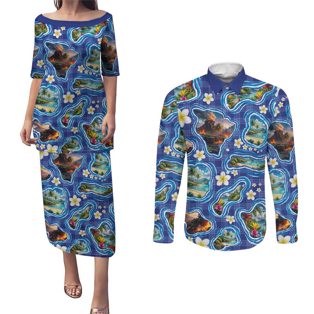Hawaiian Island Shapes-Iconic Landscape Couples Matching Puletasi and Long Sleeve Button Shirt with Plumeria and Palaka Blue Color