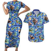 Hawaiian Island Shapes-Iconic Landscape Couples Matching Short Sleeve Bodycon Dress and Hawaiian Shirt with Plumeria and Palaka Blue Color LT03 Blue - Polynesian Pride