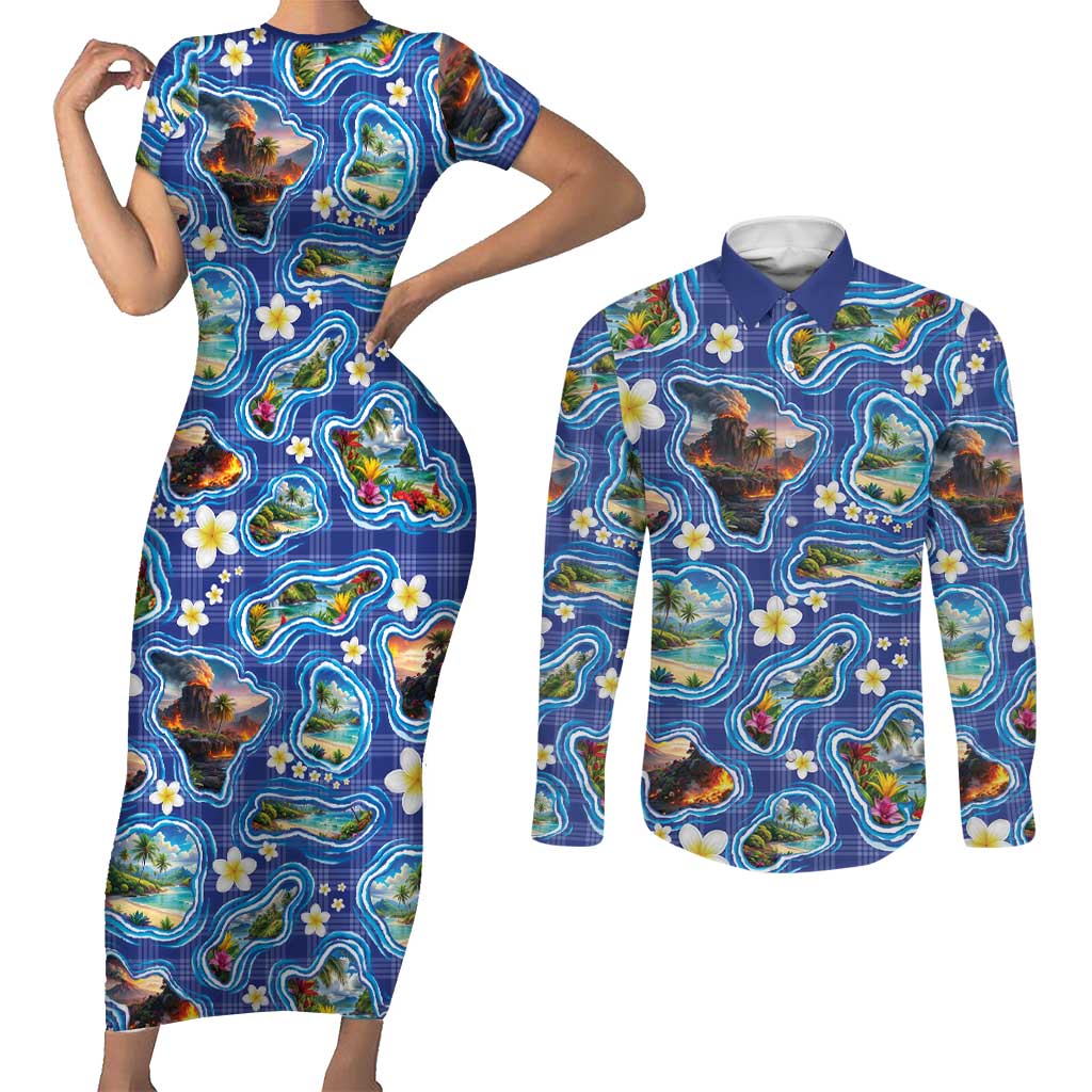 Hawaiian Island Shapes-Iconic Landscape Couples Matching Short Sleeve Bodycon Dress and Long Sleeve Button Shirt with Plumeria and Palaka Blue Color LT03 Blue - Polynesian Pride