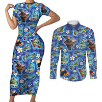 Hawaiian Island Shapes-Iconic Landscape Couples Matching Short Sleeve Bodycon Dress and Long Sleeve Button Shirt with Plumeria and Palaka Blue Color LT03 Blue - Polynesian Pride