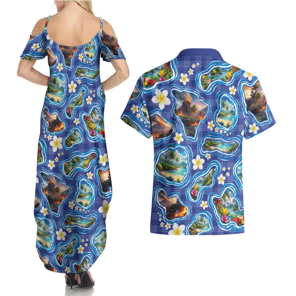 Hawaiian Island Shapes-Iconic Landscape Couples Matching Summer Maxi Dress and Hawaiian Shirt with Plumeria and Palaka Blue Color LT03 - Polynesian Pride