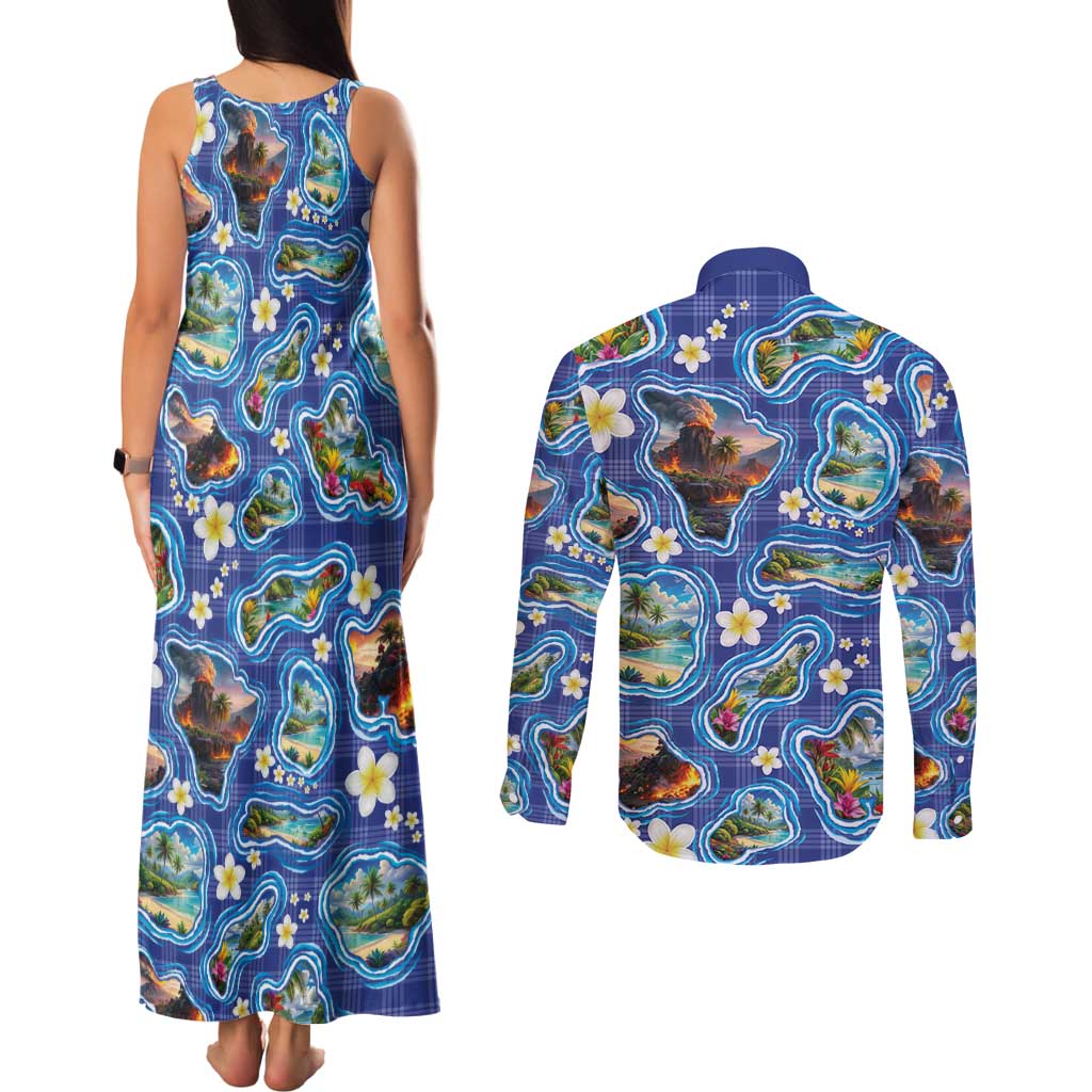 Hawaiian Island Shapes-Iconic Landscape Couples Matching Tank Maxi Dress and Long Sleeve Button Shirt with Plumeria and Palaka Blue Color LT03 - Polynesian Pride