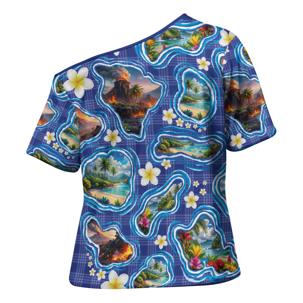 Hawaiian Island Shapes-Iconic Landscape Cross Shoulder Shirt with Plumeria and Palaka Blue Color LT03 - Polynesian Pride