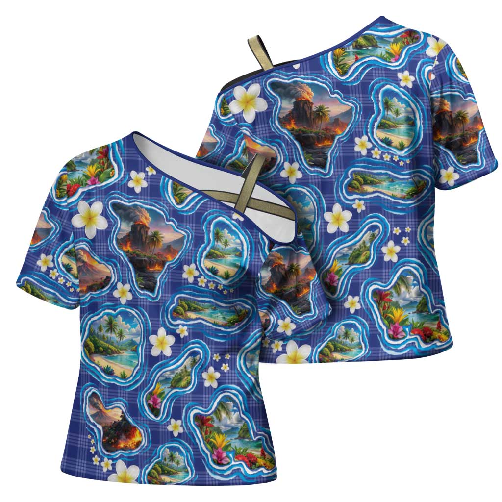 Hawaiian Island Shapes-Iconic Landscape Cross Shoulder Shirt with Plumeria and Palaka Blue Color LT03 - Polynesian Pride
