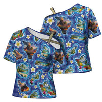 Hawaiian Island Shapes-Iconic Landscape Cross Shoulder Shirt with Plumeria and Palaka Blue Color LT03 - Polynesian Pride