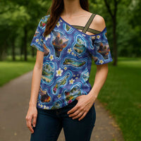 Hawaiian Island Shapes-Iconic Landscape Cross Shoulder Shirt with Plumeria and Palaka Blue Color LT03 - Polynesian Pride
