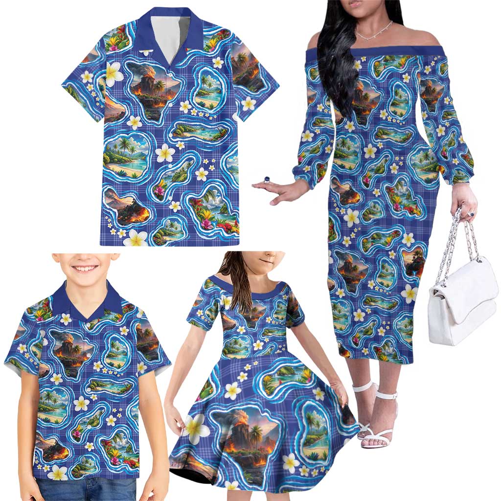 Hawaiian Island Shapes-Iconic Landscape Family Matching Off The Shoulder Long Sleeve Dress and Hawaiian Shirt with Plumeria and Palaka Blue Color LT03 - Polynesian Pride