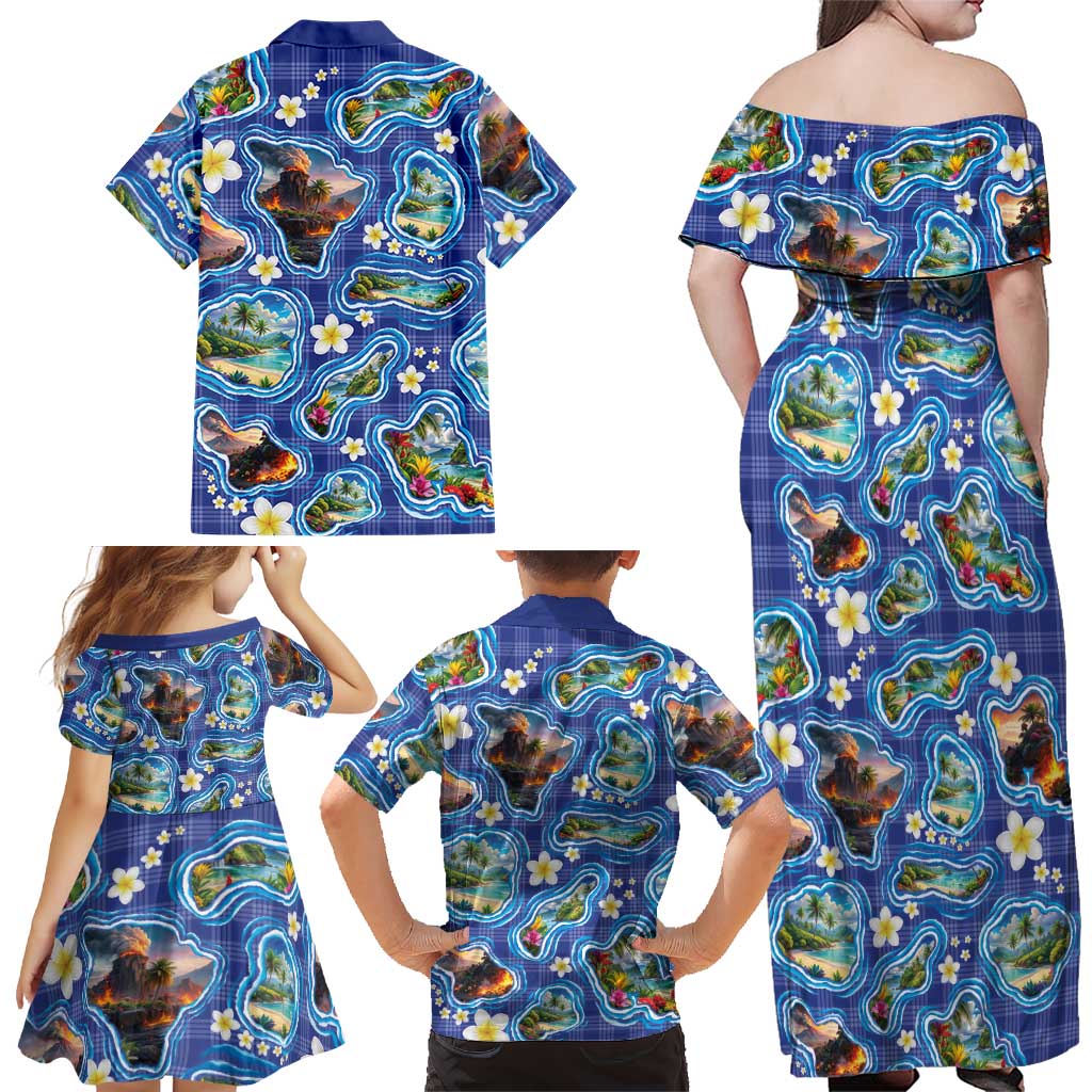 Hawaiian Island Shapes-Iconic Landscape Family Matching Off Shoulder Maxi Dress and Hawaiian Shirt with Plumeria and Palaka Blue Color LT03 - Polynesian Pride