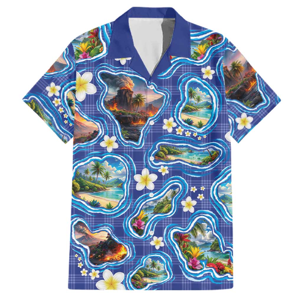 Hawaiian Island Shapes-Iconic Landscape Family Matching Off Shoulder Maxi Dress and Hawaiian Shirt with Plumeria and Palaka Blue Color LT03 Dad's Shirt - Short Sleeve Blue - Polynesian Pride