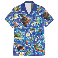 Hawaiian Island Shapes-Iconic Landscape Family Matching Off Shoulder Maxi Dress and Hawaiian Shirt with Plumeria and Palaka Blue Color LT03 Dad's Shirt - Short Sleeve Blue - Polynesian Pride