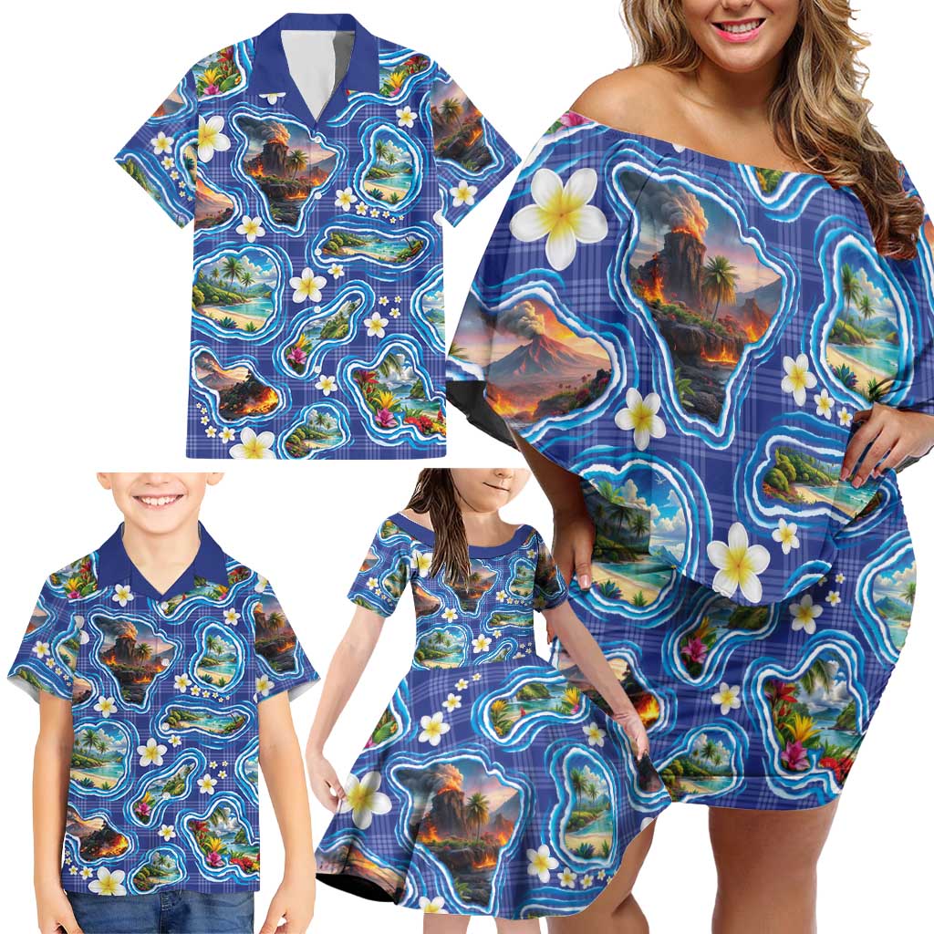 Hawaiian Island Shapes-Iconic Landscape Family Matching Off Shoulder Short Dress and Hawaiian Shirt with Plumeria and Palaka Blue Color LT03 - Polynesian Pride