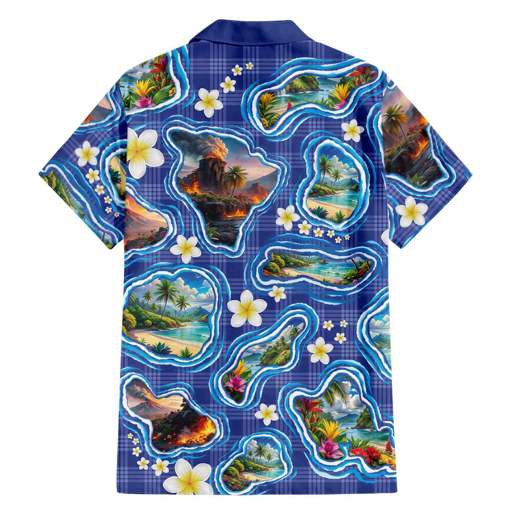 Hawaiian Island Shapes-Iconic Landscape Family Matching Off Shoulder Short Dress and Hawaiian Shirt with Plumeria and Palaka Blue Color LT03 - Polynesian Pride