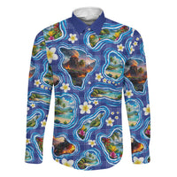 Hawaiian Island Shapes-Iconic Landscape Family Matching Off Shoulder Short Dress and Hawaiian Shirt with Plumeria and Palaka Blue Color LT03 Dad's Shirt - Long Sleeve Blue - Polynesian Pride