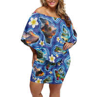 Hawaiian Island Shapes-Iconic Landscape Family Matching Off Shoulder Short Dress and Hawaiian Shirt with Plumeria and Palaka Blue Color LT03 Mom's Dress Blue - Polynesian Pride