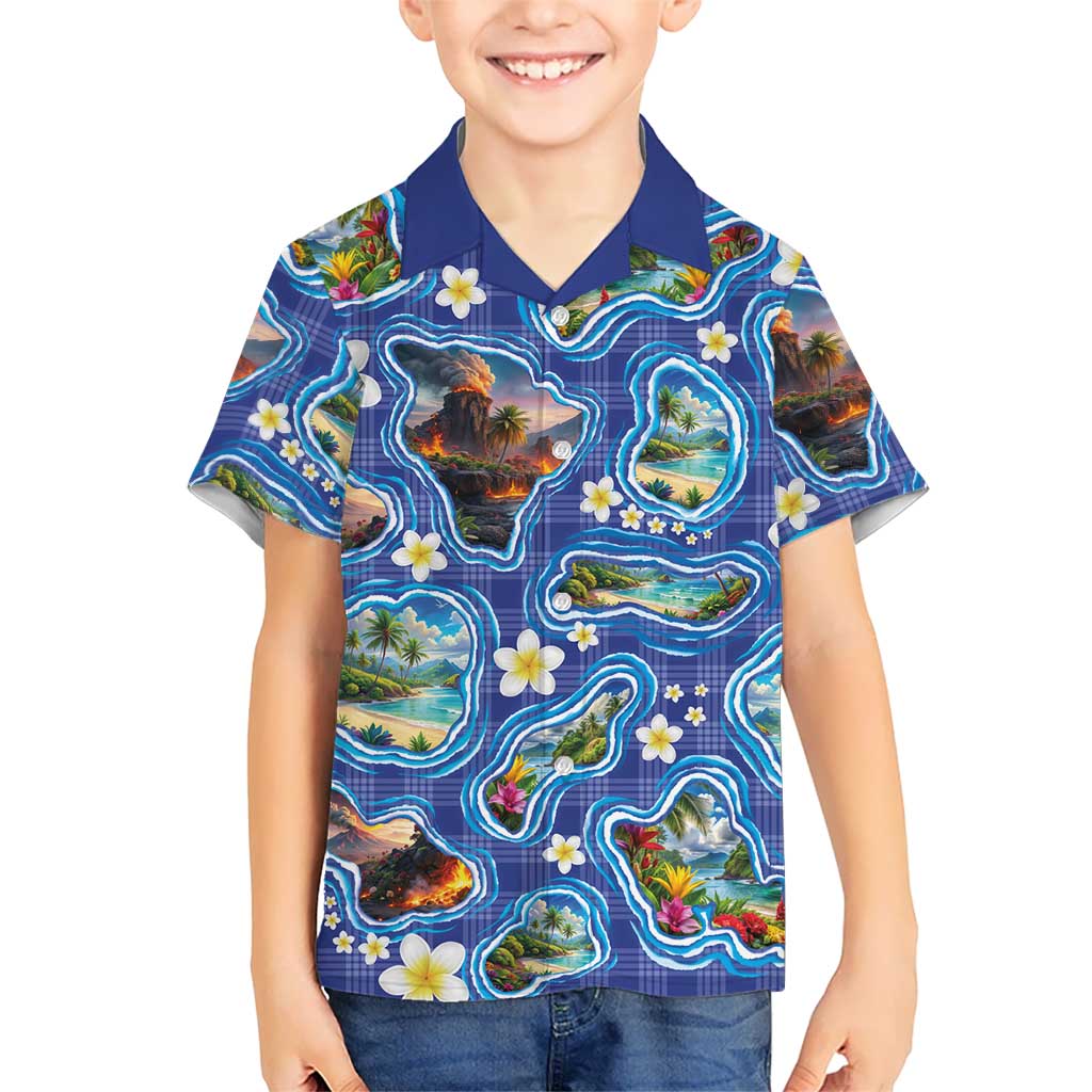 Hawaiian Island Shapes-Iconic Landscape Family Matching Off Shoulder Short Dress and Hawaiian Shirt with Plumeria and Palaka Blue Color LT03 Son's Shirt Blue - Polynesian Pride