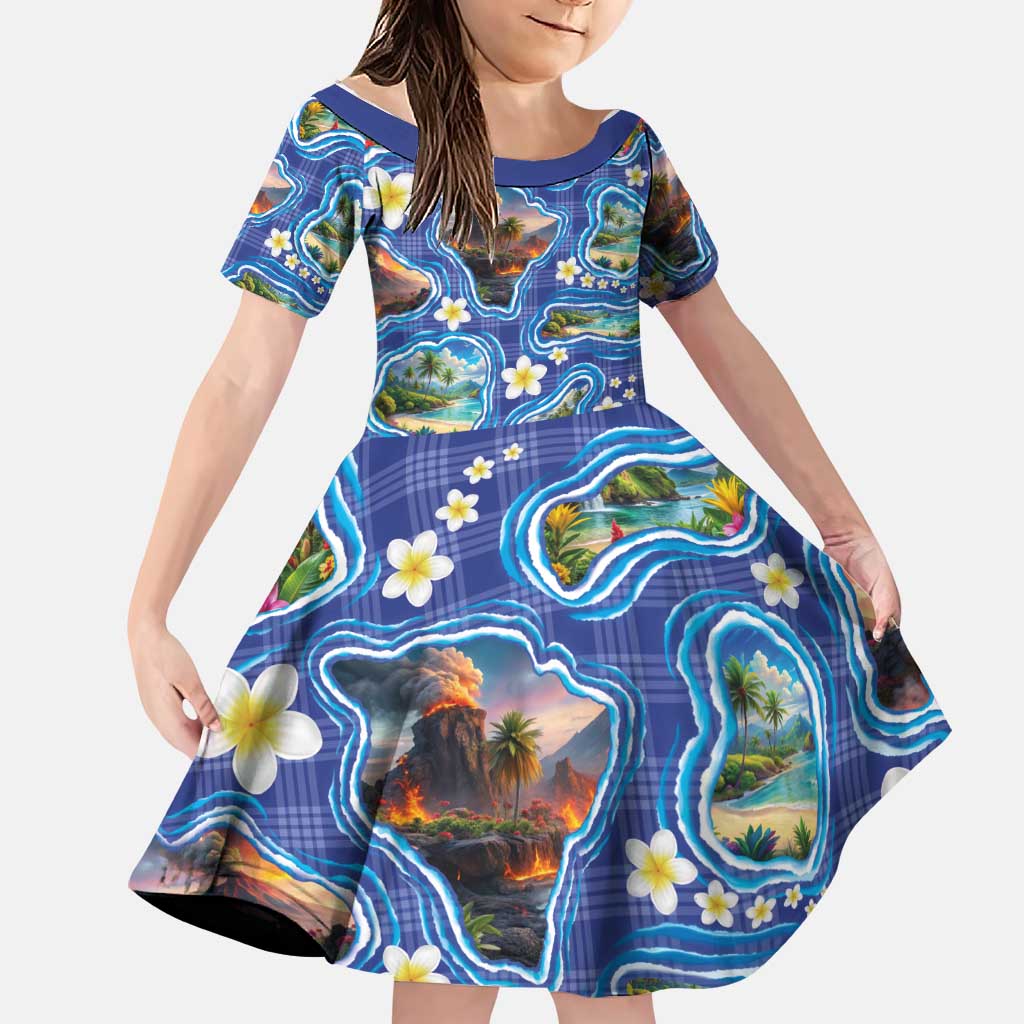 Hawaiian Island Shapes-Iconic Landscape Family Matching Puletasi and Hawaiian Shirt with Plumeria and Palaka Blue Color LT03 Daughter's Dress Blue - Polynesian Pride