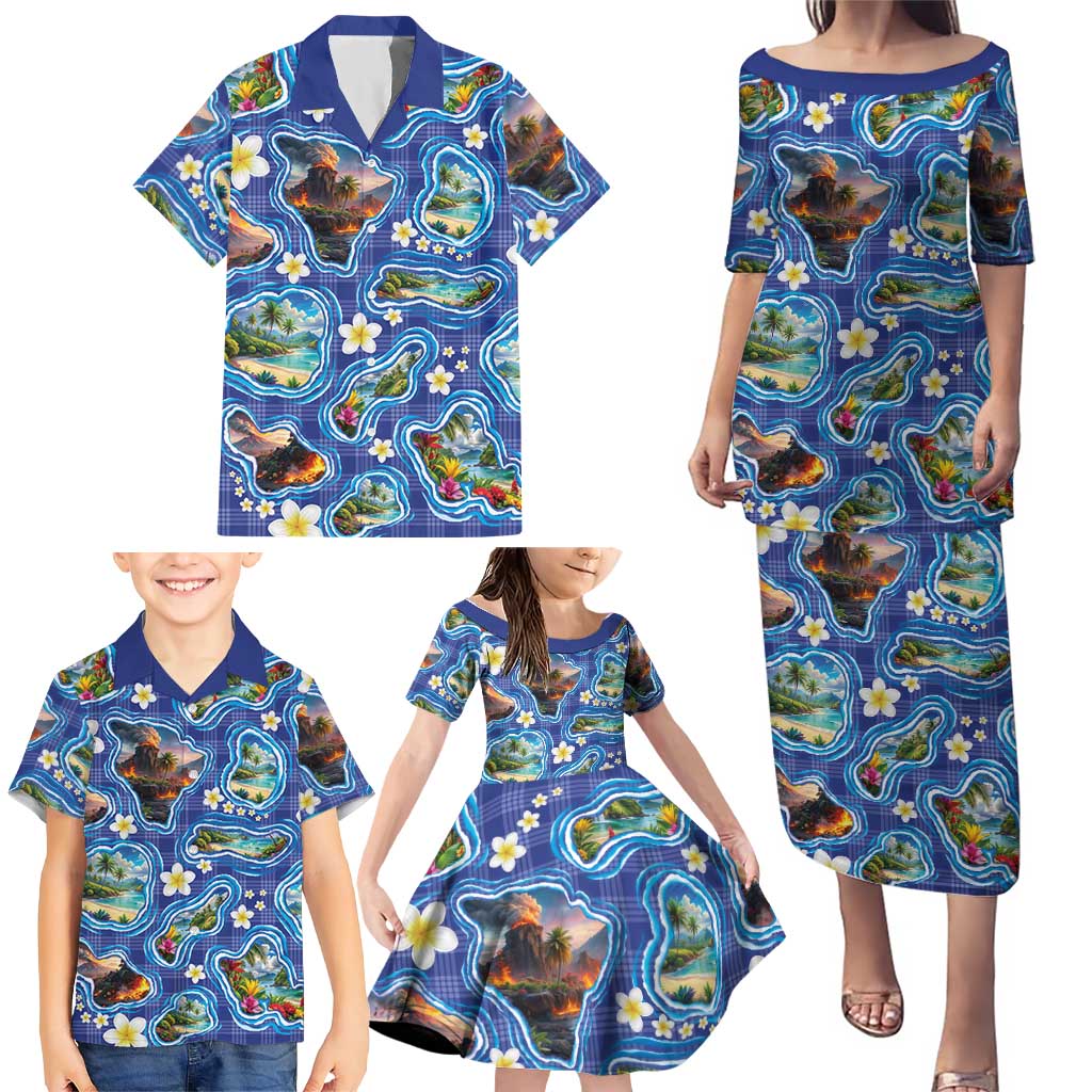 Hawaiian Island Shapes-Iconic Landscape Family Matching Puletasi and Hawaiian Shirt with Plumeria and Palaka Blue Color LT03 - Polynesian Pride