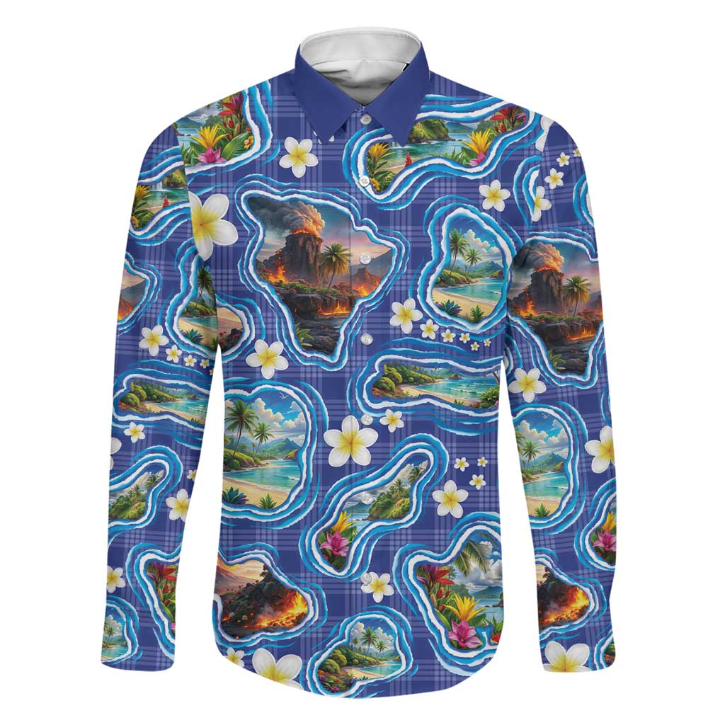 Hawaiian Island Shapes-Iconic Landscape Family Matching Short Sleeve Bodycon Dress and Hawaiian Shirt with Plumeria and Palaka Blue Color LT03 Dad's Shirt - Long Sleeve Blue - Polynesian Pride