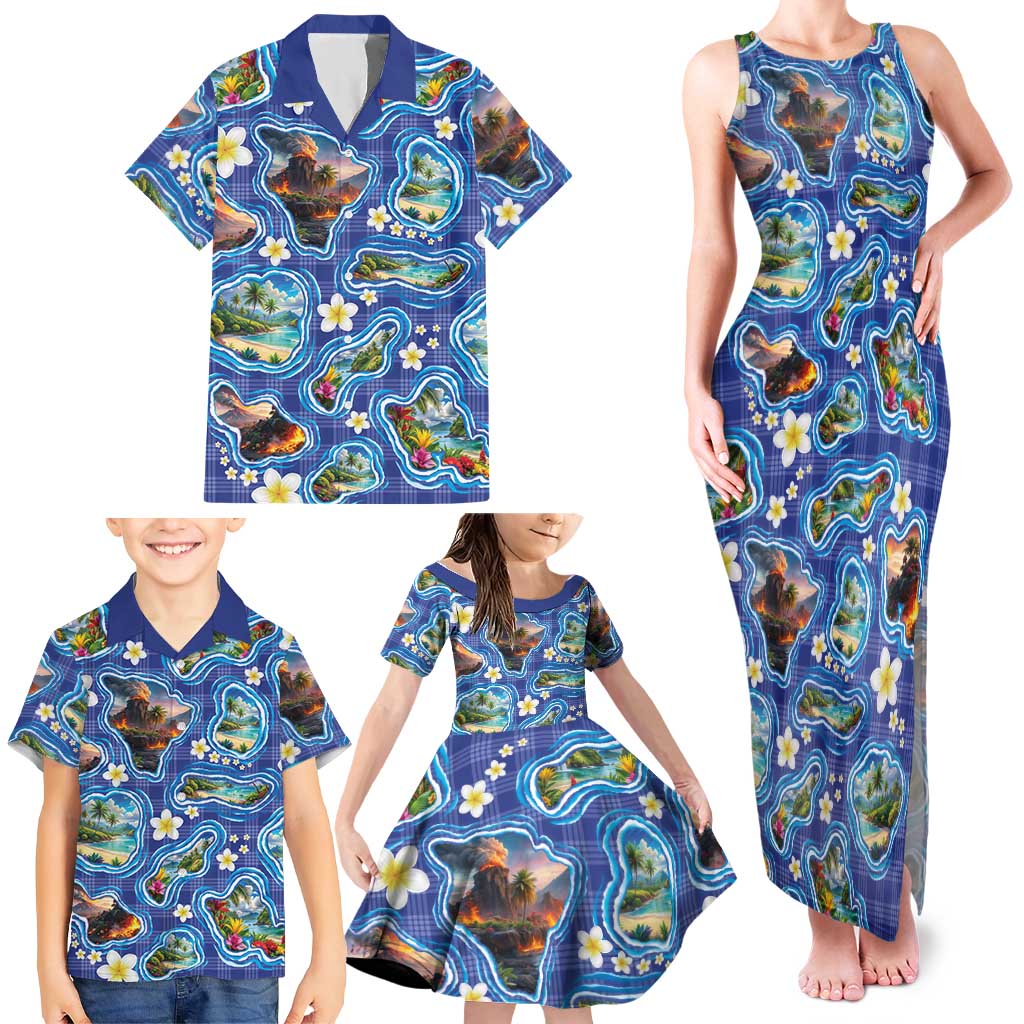 Hawaiian Island Shapes-Iconic Landscape Family Matching Tank Maxi Dress and Hawaiian Shirt with Plumeria and Palaka Blue Color LT03 - Polynesian Pride