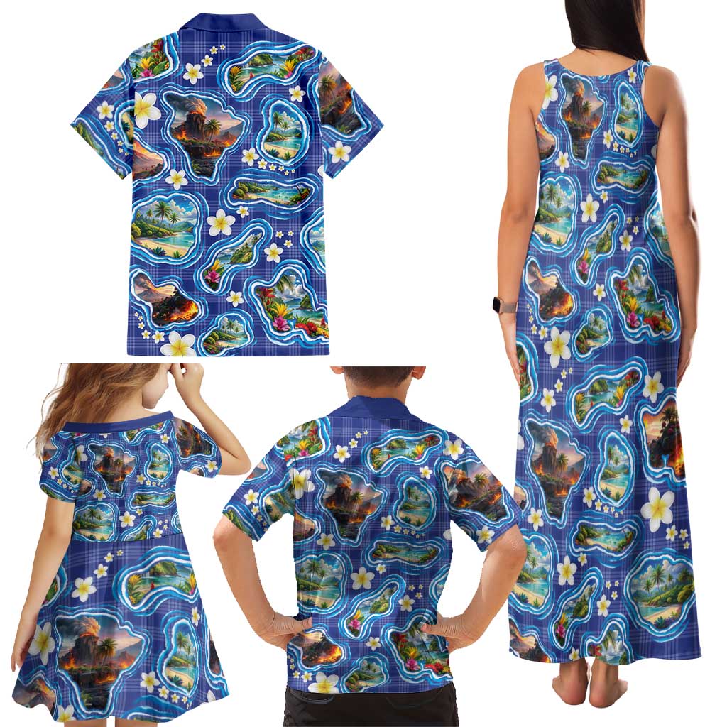 Hawaiian Island Shapes-Iconic Landscape Family Matching Tank Maxi Dress and Hawaiian Shirt with Plumeria and Palaka Blue Color LT03 - Polynesian Pride