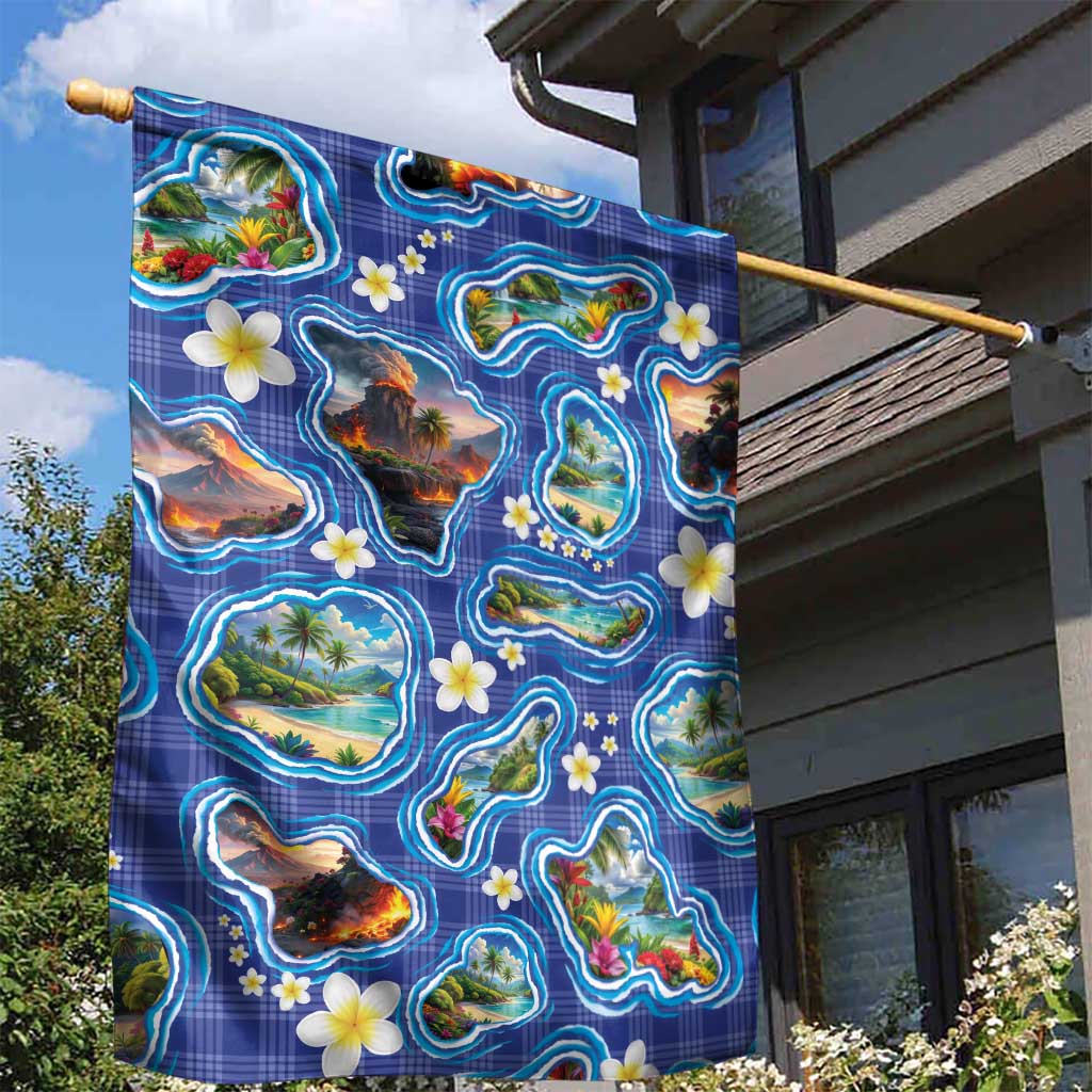 Hawaiian Island Shapes-Iconic Landscape Garden Flag with Plumeria and Palaka Blue Color LT03 - Polynesian Pride