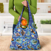 Hawaiian Island Shapes-Iconic Landscape Grocery Bag with Plumeria and Palaka Blue Color LT03 - Polynesian Pride