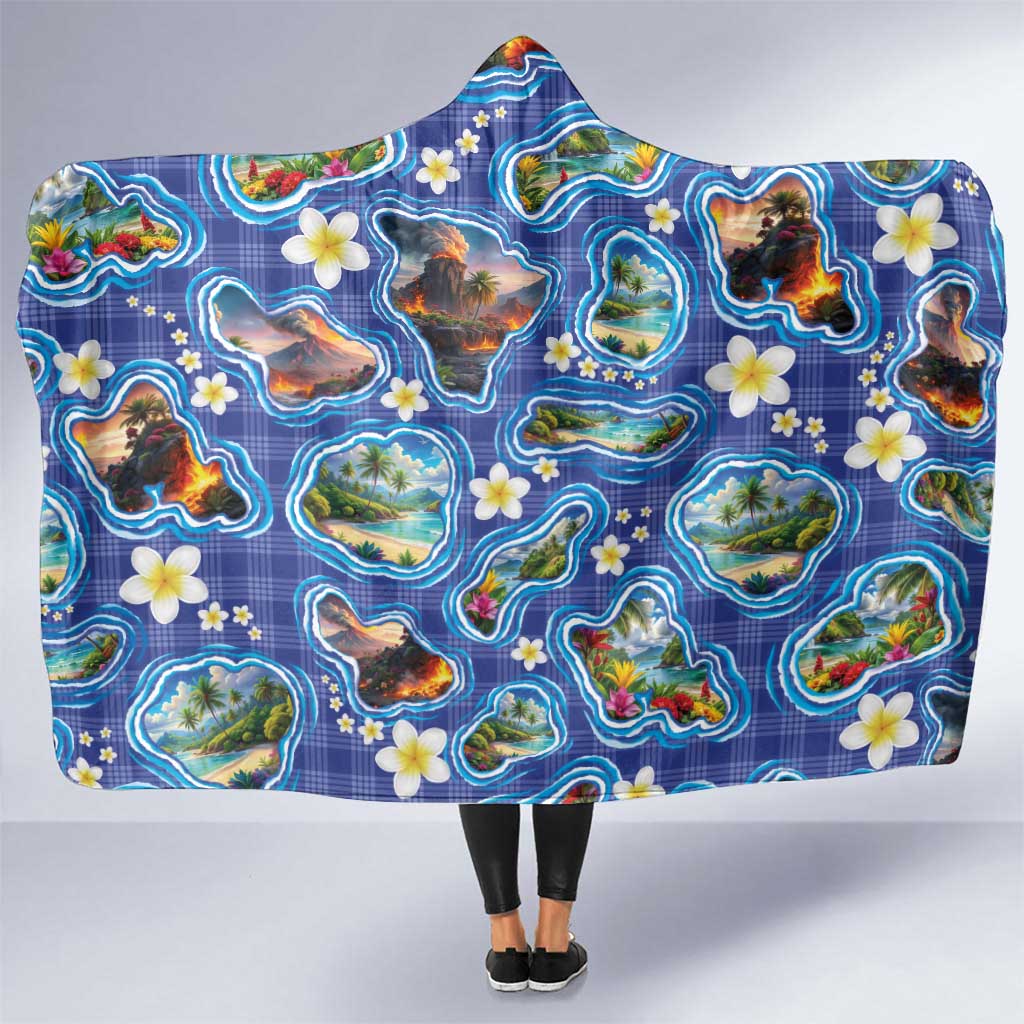 Hawaiian Island Shapes-Iconic Landscape Hooded Blanket with Plumeria and Palaka Blue Color