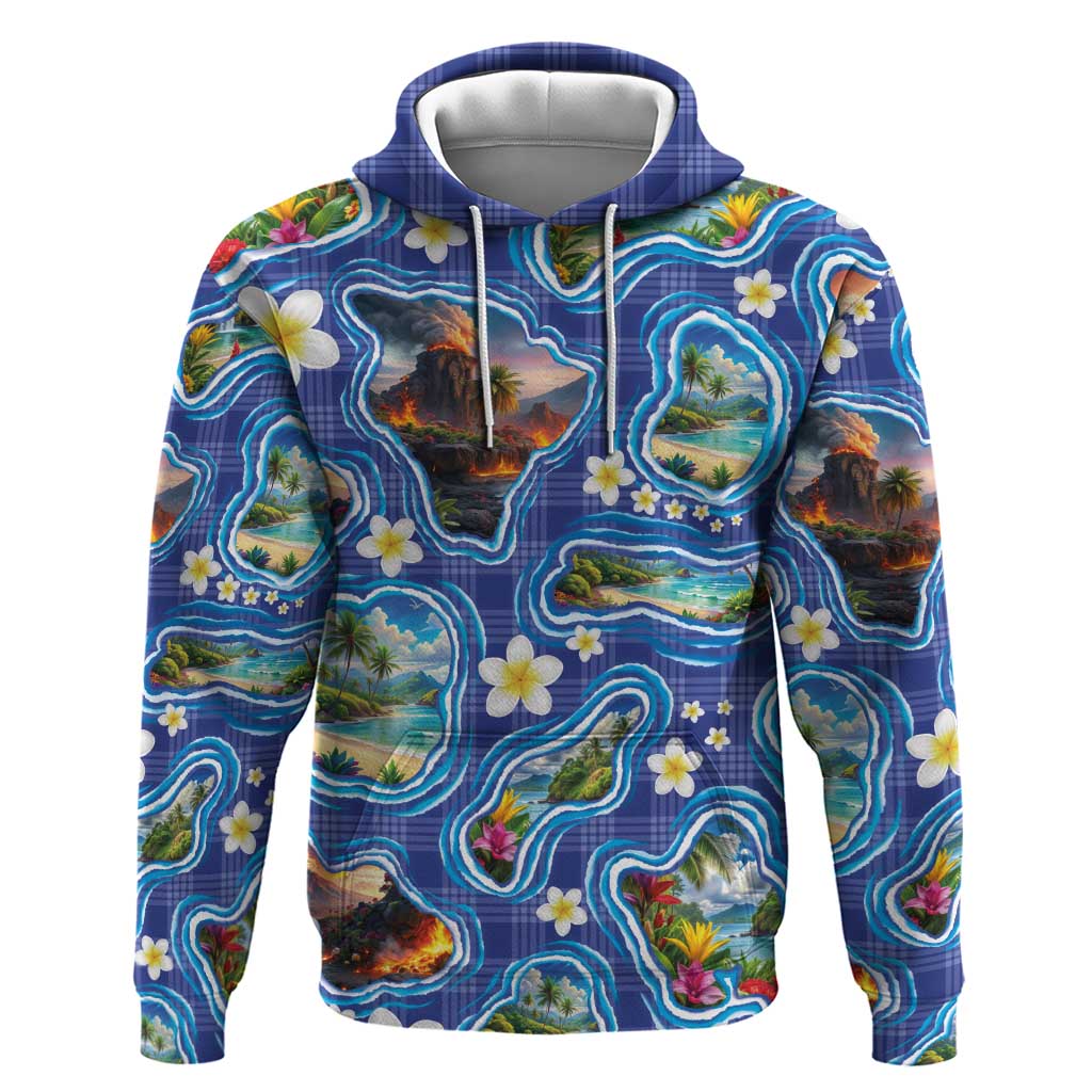 Hawaiian Island Shapes-Iconic Landscape Hoodie with Plumeria and Palaka Blue Color LT03 Pullover Hoodie Blue - Polynesian Pride