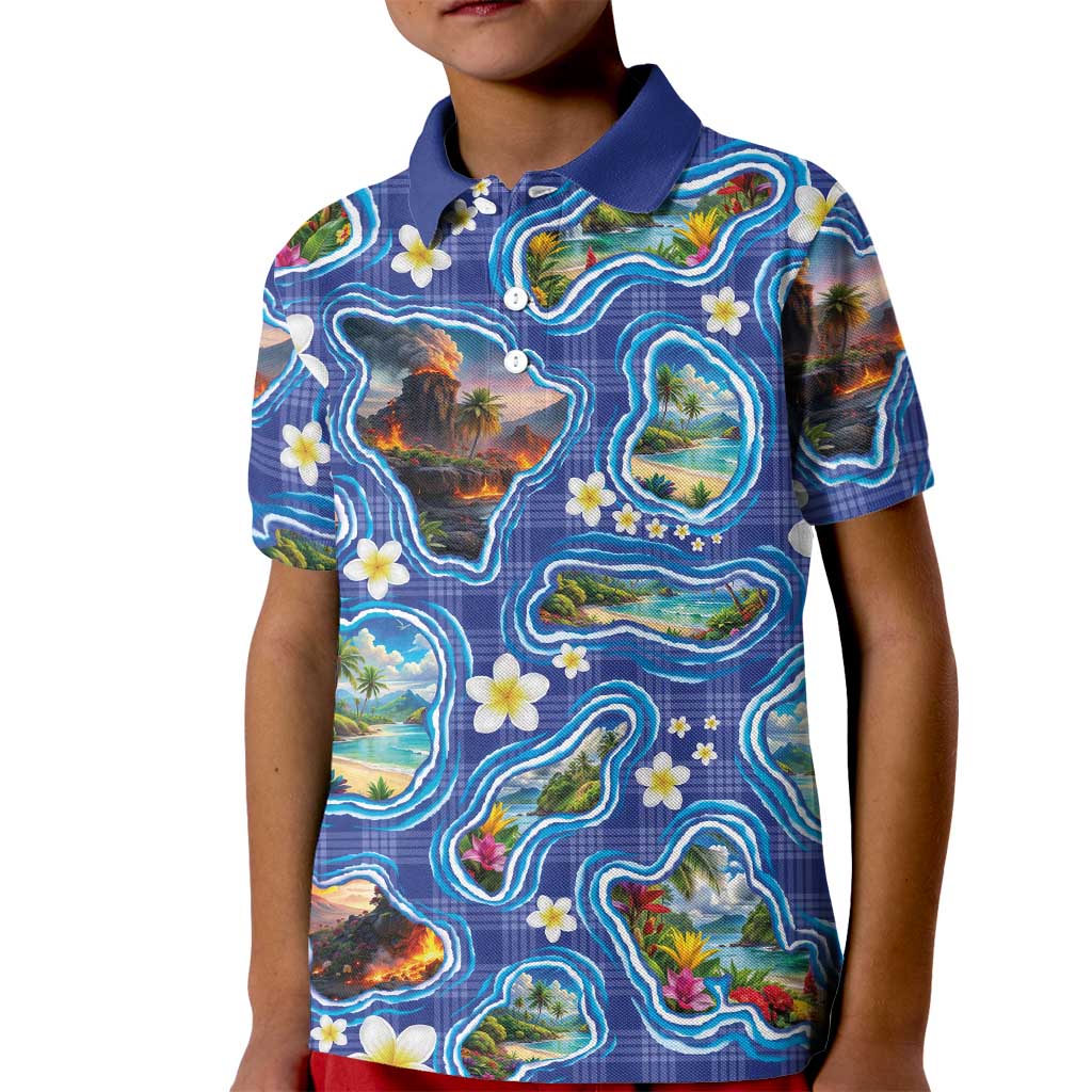 Hawaiian Island Shapes-Iconic Landscape Kid Polo Shirt with Plumeria and Palaka Blue Color LT03 Kid Blue - Polynesian Pride
