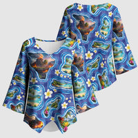 Hawaiian Island Shapes-Iconic Landscape Kimono Sleeve Blouse with Plumeria and Palaka Blue Color LT03 - Polynesian Pride