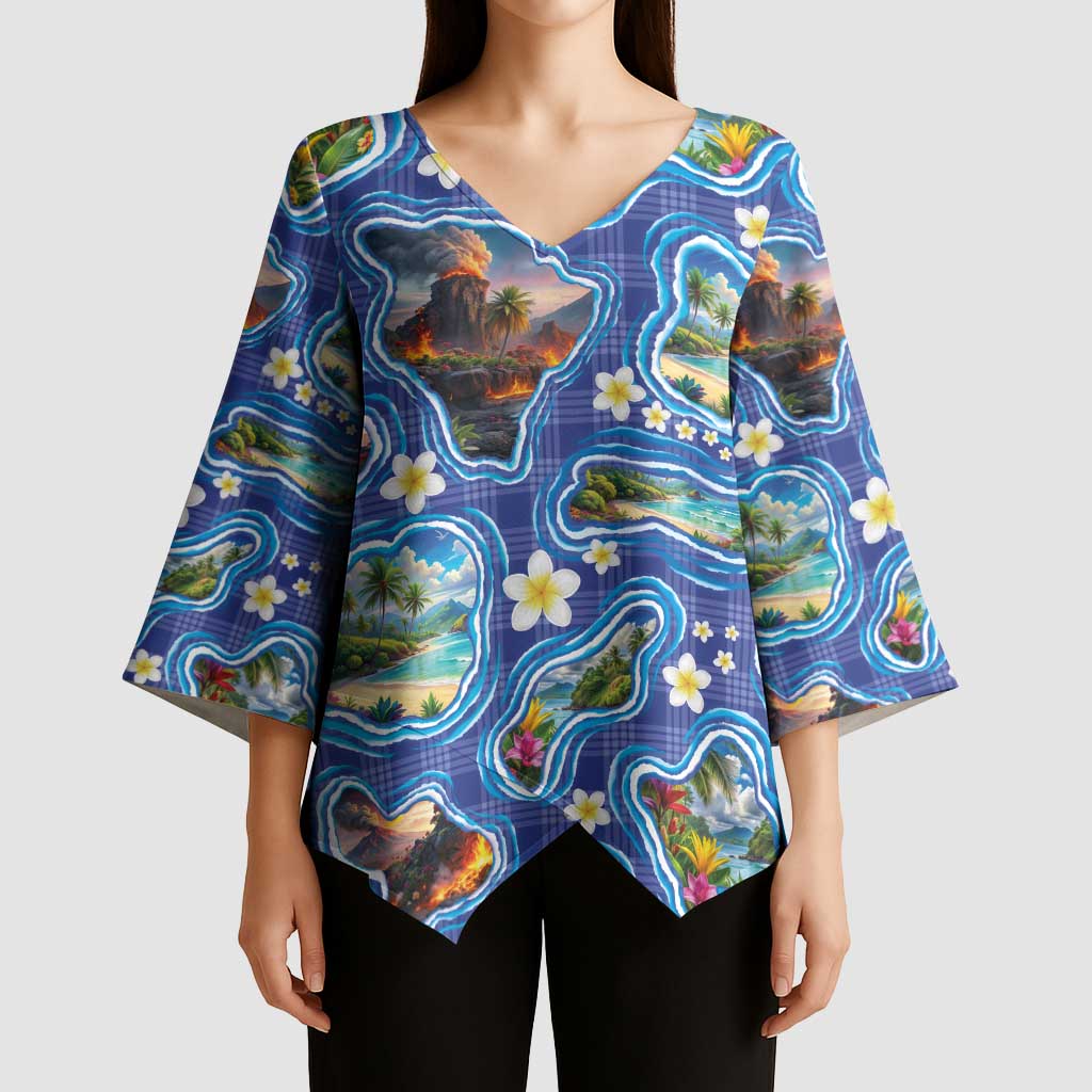 Hawaiian Island Shapes-Iconic Landscape Kimono Sleeve Blouse with Plumeria and Palaka Blue Color LT03 - Polynesian Pride