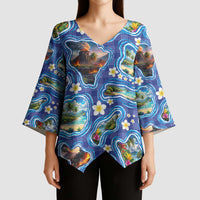 Hawaiian Island Shapes-Iconic Landscape Kimono Sleeve Blouse with Plumeria and Palaka Blue Color LT03 - Polynesian Pride
