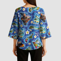 Hawaiian Island Shapes-Iconic Landscape Kimono Sleeve Blouse with Plumeria and Palaka Blue Color LT03 - Polynesian Pride