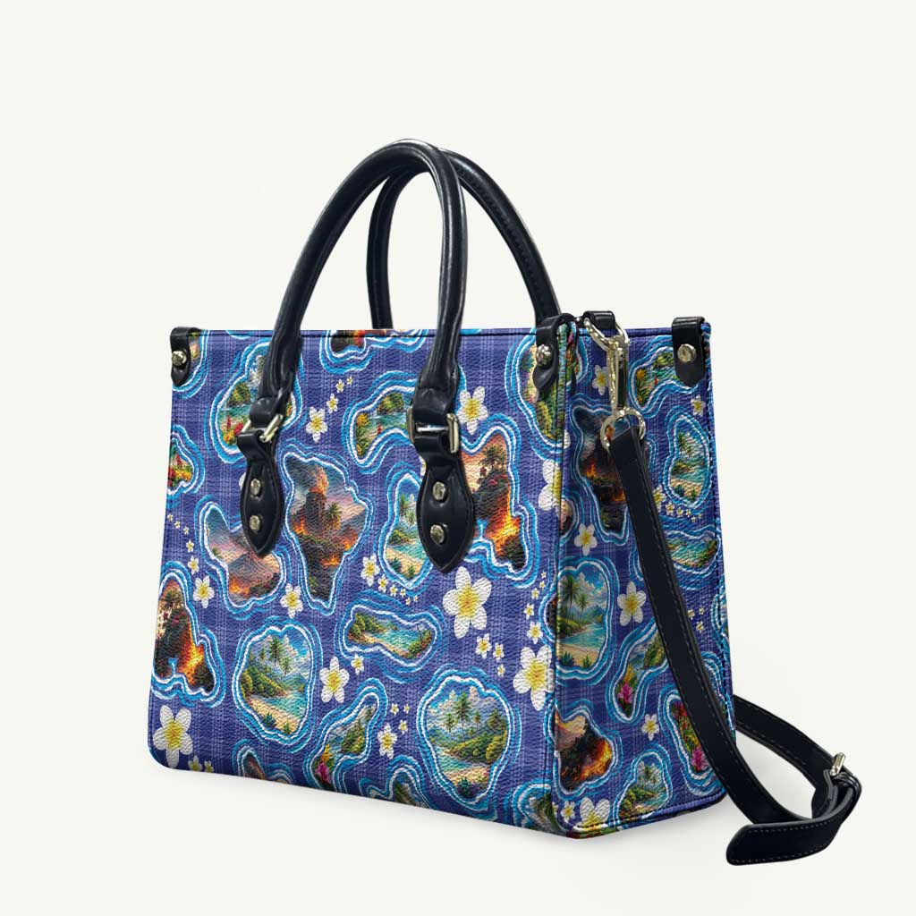 Hawaiian Island Shapes-Iconic Landscape Leather Bag with Plumeria and Palaka Blue Color LT03 Blue - Polynesian Pride
