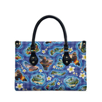 Hawaiian Island Shapes-Iconic Landscape Leather Bag with Plumeria and Palaka Blue Color LT03 - Polynesian Pride
