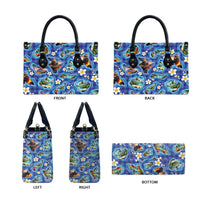 Hawaiian Island Shapes-Iconic Landscape Leather Bag with Plumeria and Palaka Blue Color LT03 - Polynesian Pride