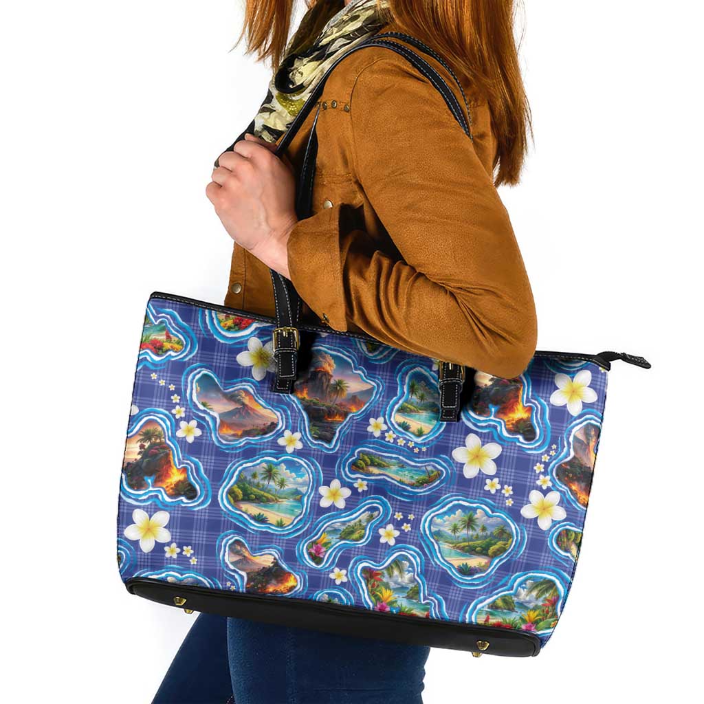 Hawaiian Island Shapes-Iconic Landscape Leather Tote Bag with Plumeria and Palaka Blue Color LT03 Blue - Polynesian Pride