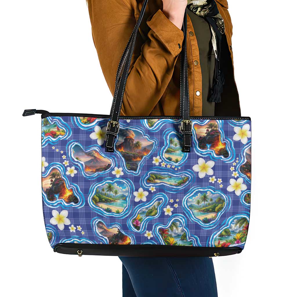 Hawaiian Island Shapes-Iconic Landscape Leather Tote Bag with Plumeria and Palaka Blue Color LT03 - Polynesian Pride