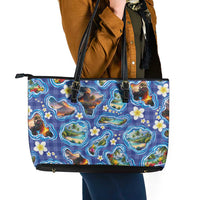 Hawaiian Island Shapes-Iconic Landscape Leather Tote Bag with Plumeria and Palaka Blue Color LT03 - Polynesian Pride