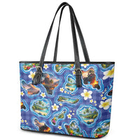 Hawaiian Island Shapes-Iconic Landscape Leather Tote Bag with Plumeria and Palaka Blue Color LT03 - Polynesian Pride