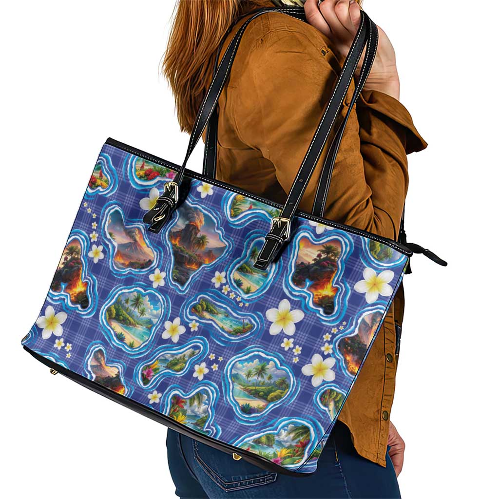 Hawaiian Island Shapes-Iconic Landscape Leather Tote Bag with Plumeria and Palaka Blue Color LT03 - Polynesian Pride