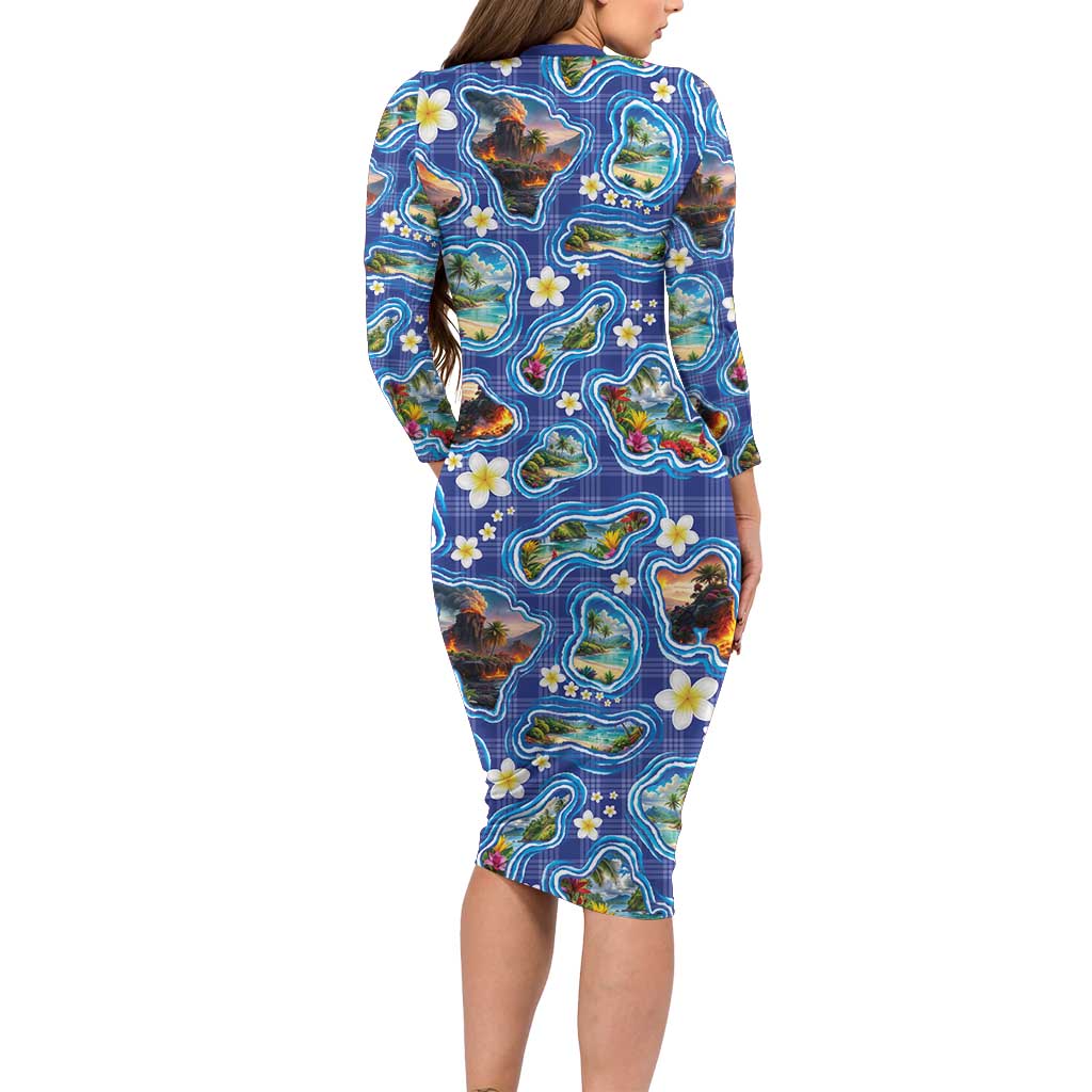 Hawaiian Island Shapes-Iconic Landscape Long Sleeve Bodycon Dress with Plumeria and Palaka Blue Color LT03 - Polynesian Pride