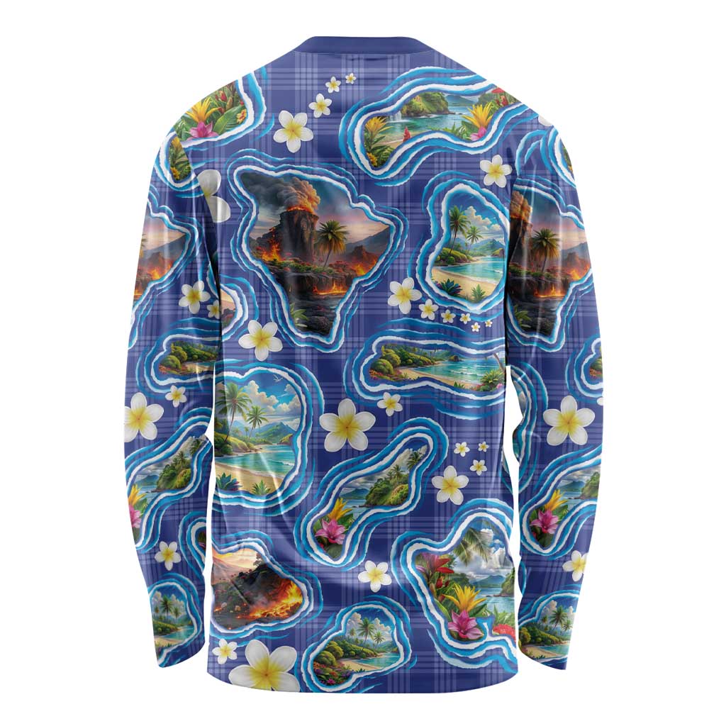 Hawaiian Island Shapes-Iconic Landscape Long Sleeve Shirt with Plumeria and Palaka Blue Color LT03 - Polynesian Pride