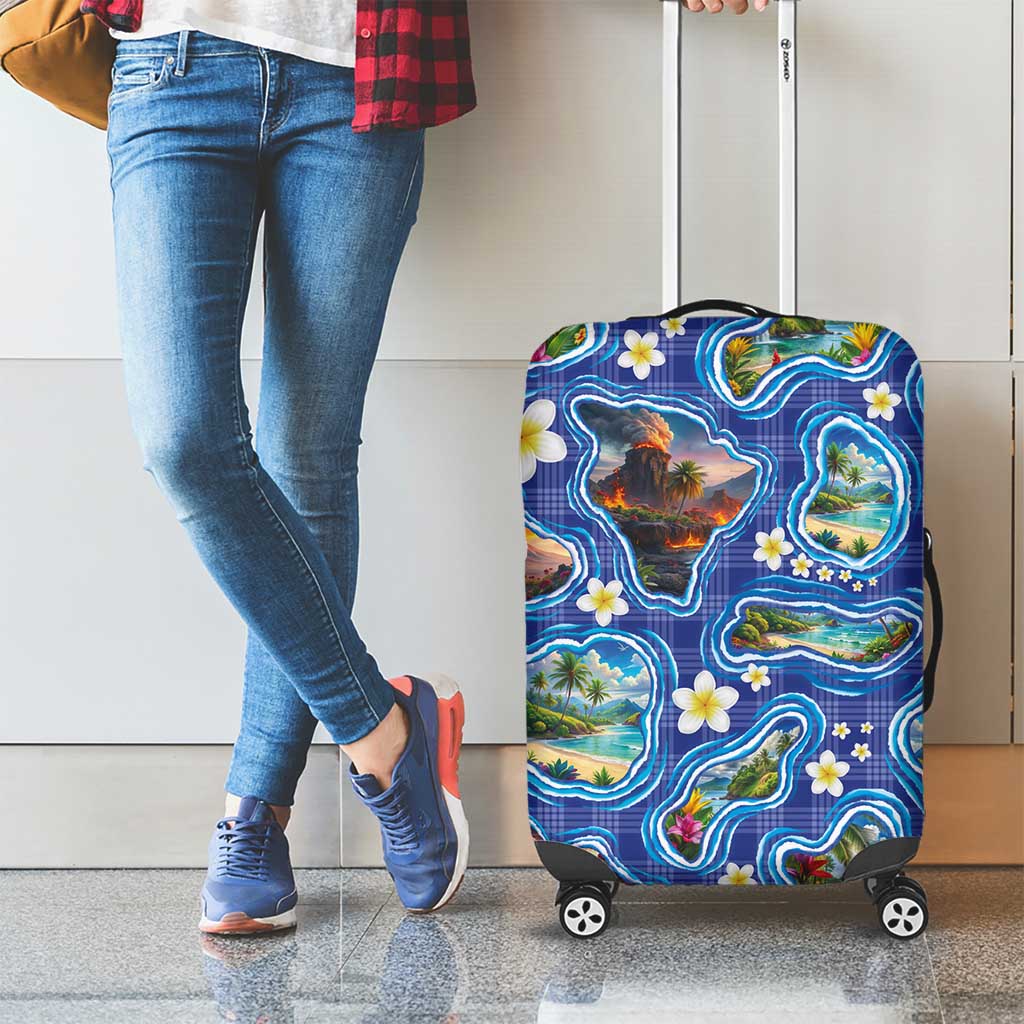 Hawaiian Island Shapes-Iconic Landscape Luggage Cover with Plumeria and Palaka Blue Color LT03 - Polynesian Pride